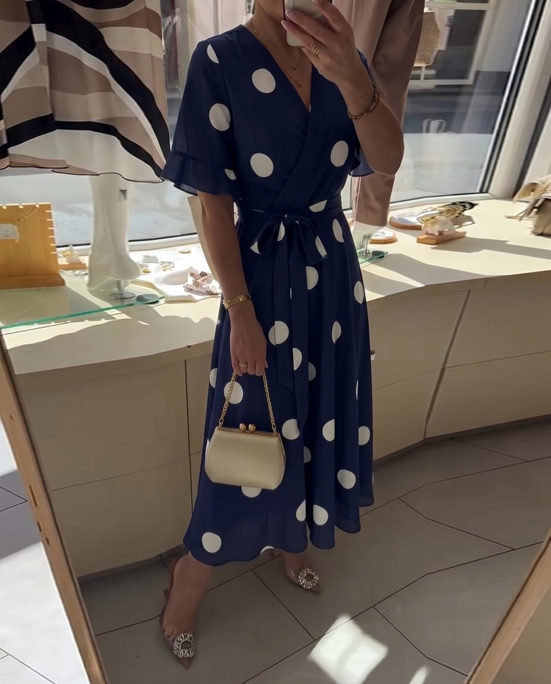 Polka Dot A-Line Dress with V-Neckline and Short Sleeves