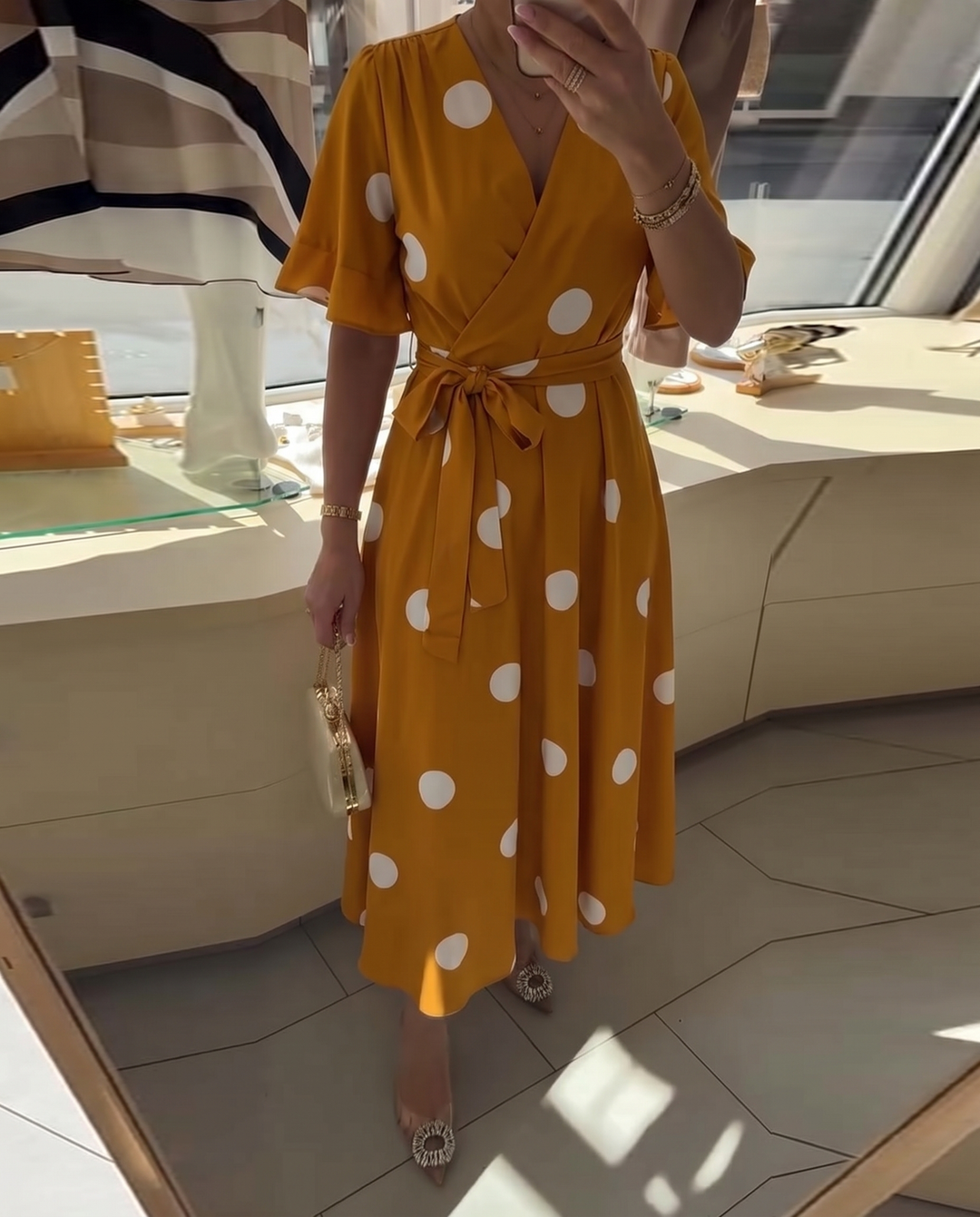 Polka Dot A-Line Dress with V-Neckline and Short Sleeves