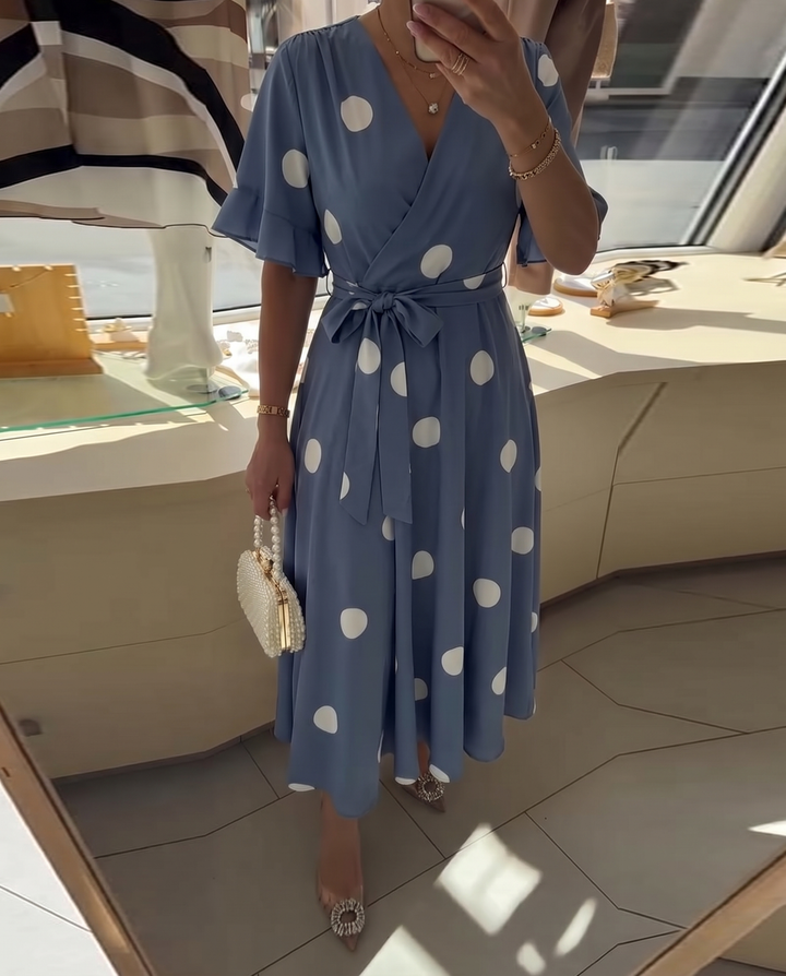 Polka Dot A-Line Dress with V-Neckline and Short Sleeves