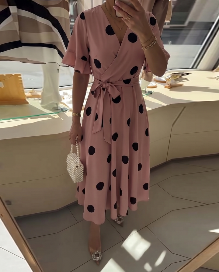 Polka Dot A-Line Dress with V-Neckline and Short Sleeves