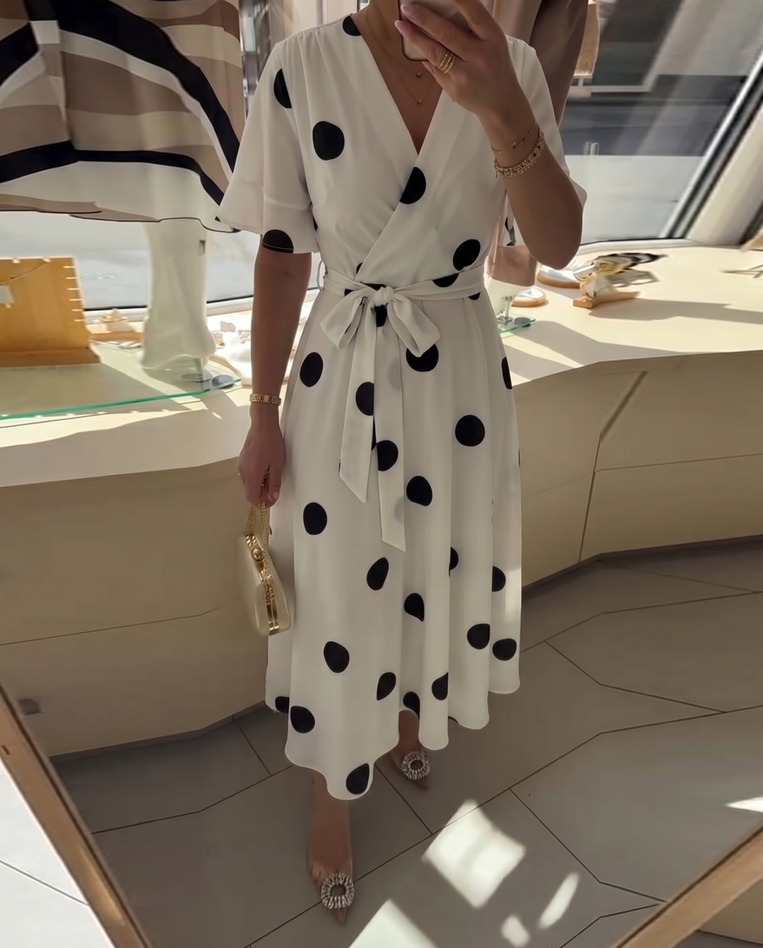 Polka Dot A-Line Dress with V-Neckline and Short Sleeves