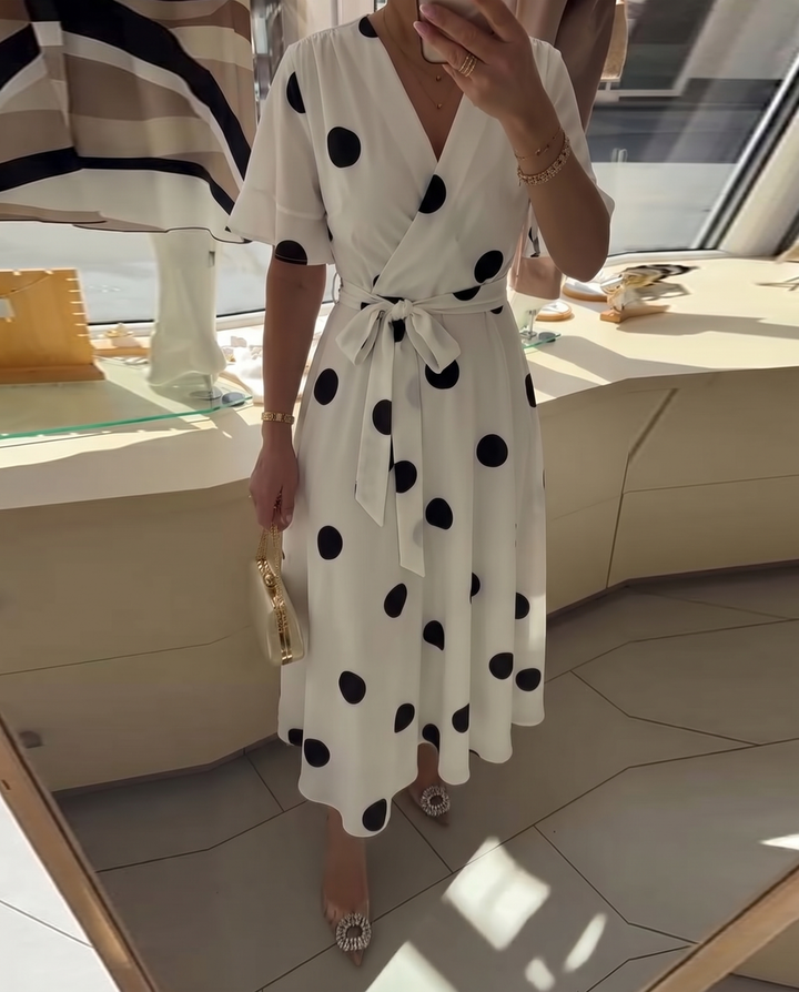 Polka Dot A-Line Dress with V-Neckline and Short Sleeves