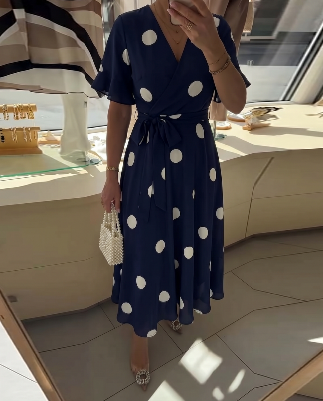 Polka Dot A-Line Dress with V-Neckline and Short Sleeves