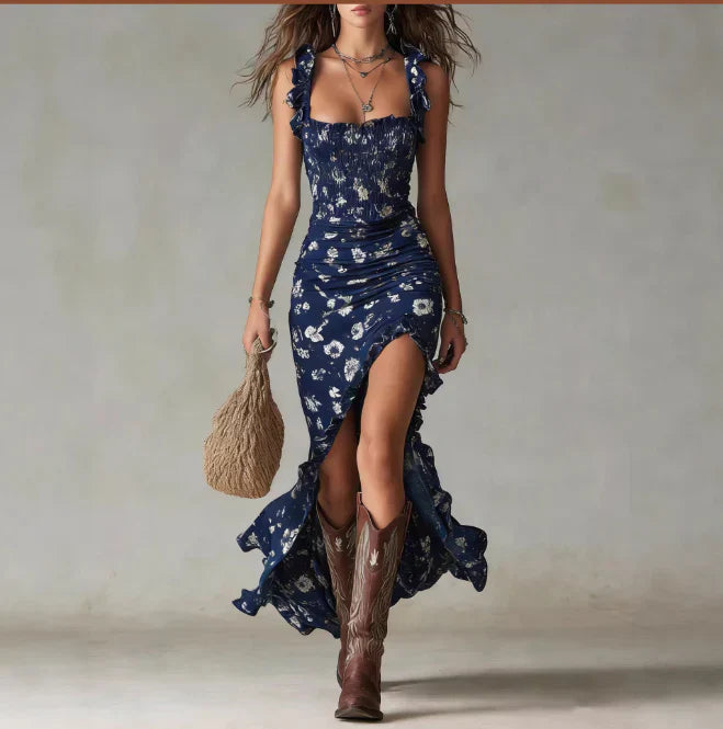 Maxi Dress with Flutter Sleeves and Side Slit, Breathable Bohemian Style