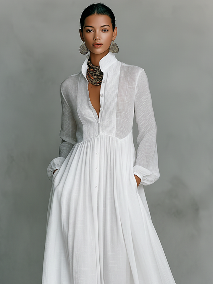 Maxi Dress with Stand Collar and Button Front, Side Pockets