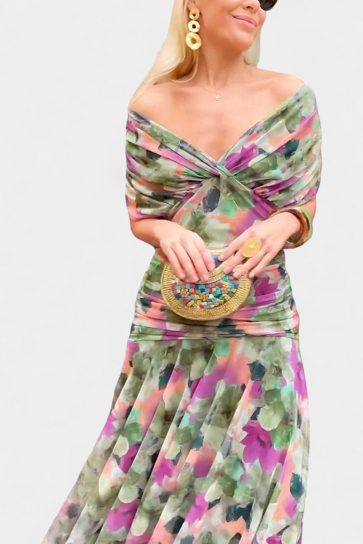 Long Floral Dress with V-Neckline and Pleated Waist Detail