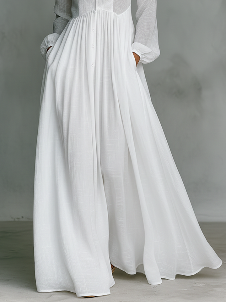 Maxi Dress with Stand Collar and Button Front, Side Pockets
