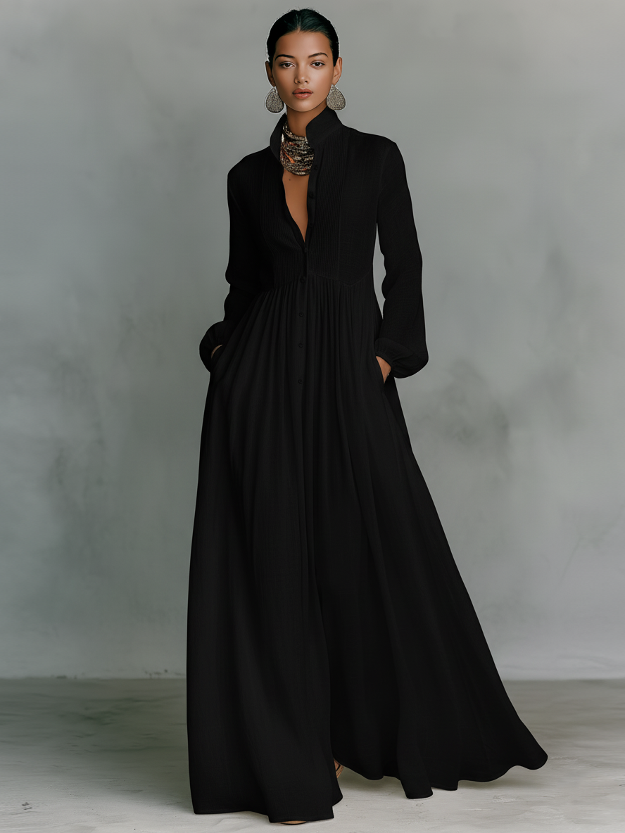 Maxi Dress with Stand Collar and Button Front, Side Pockets