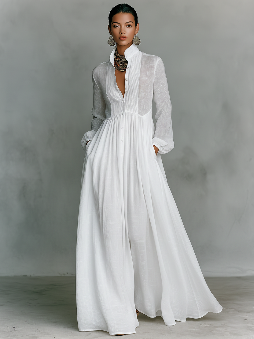 Maxi Dress with Stand Collar and Button Front, Side Pockets