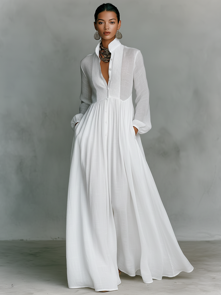 Maxi Dress with Stand Collar and Button Front, Side Pockets