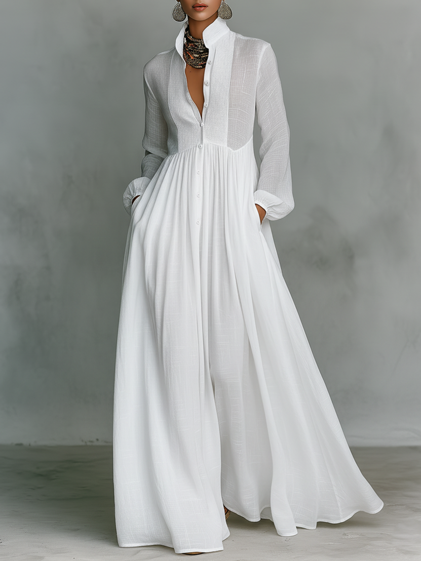 Maxi Dress with Stand Collar and Button Front, Side Pockets