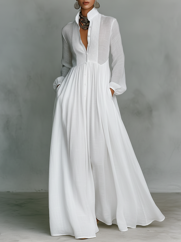 Maxi Dress with Stand Collar and Button Front, Side Pockets