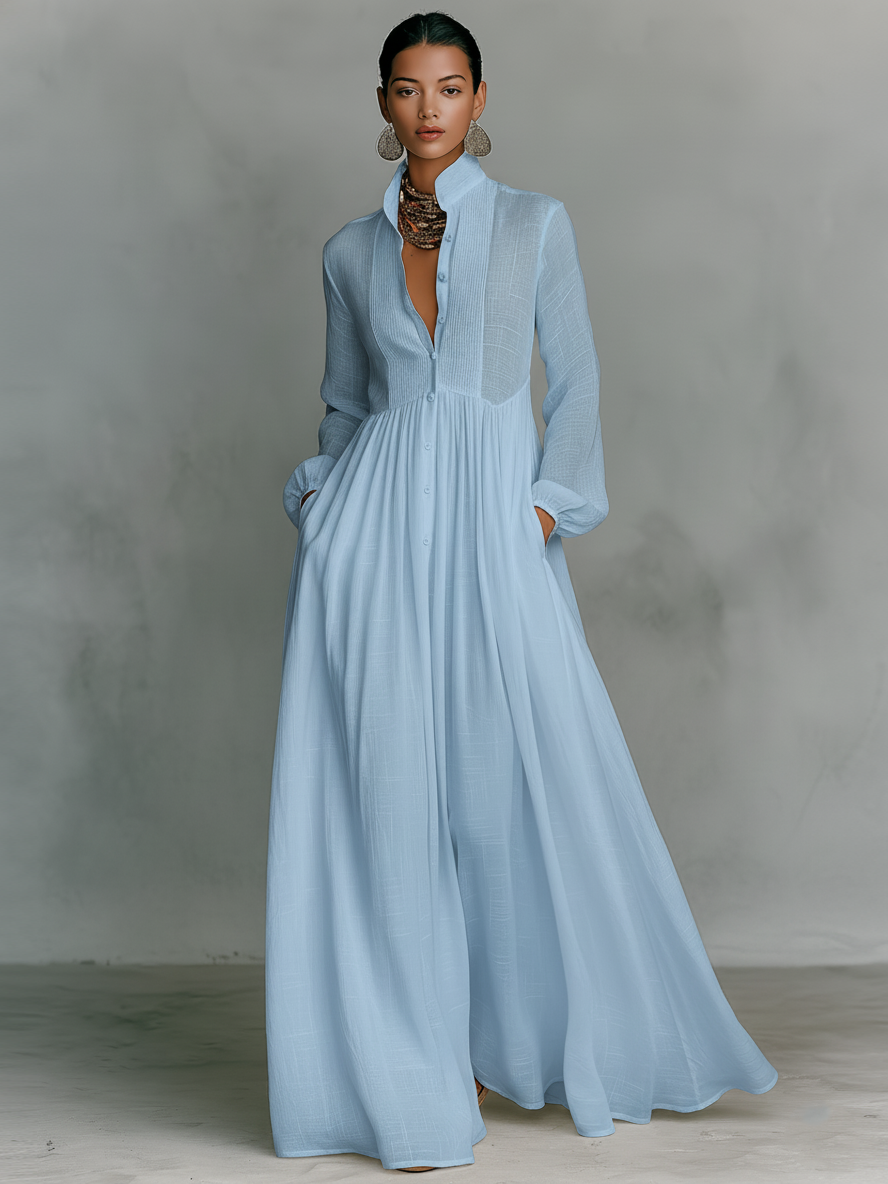 Maxi Dress with Stand Collar and Button Front, Side Pockets