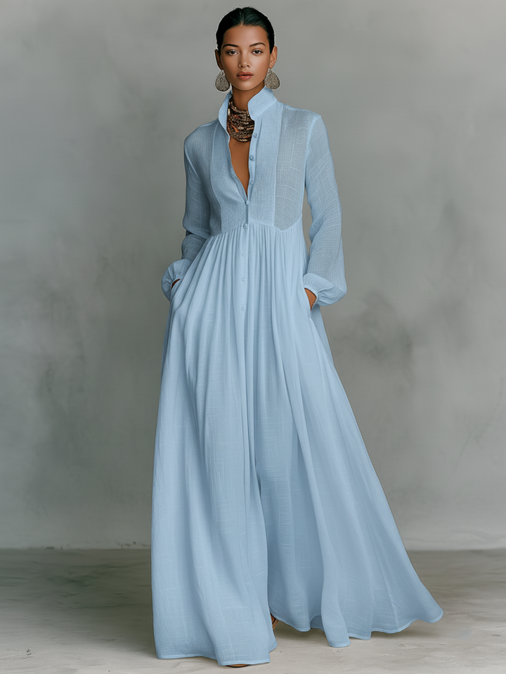 Maxi Dress with Stand Collar and Button Front, Side Pockets
