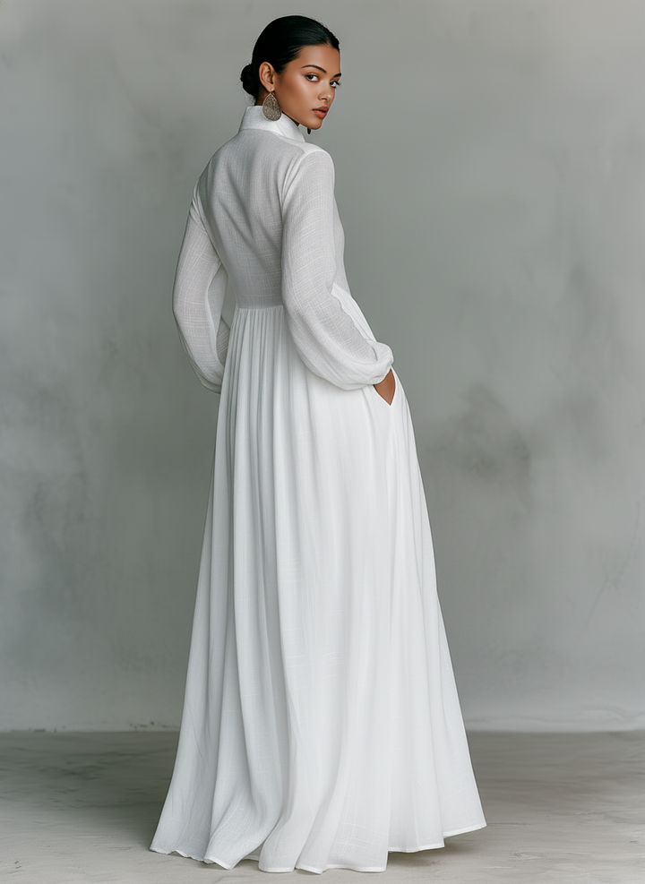 Maxi Dress with Stand Collar and Button Front, Side Pockets