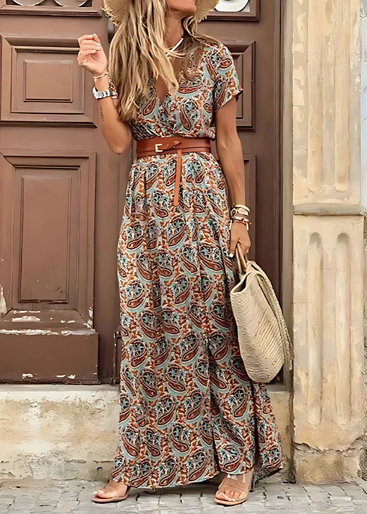 Long Dress with Paisley Print and Adjustable Belt, Side Slit