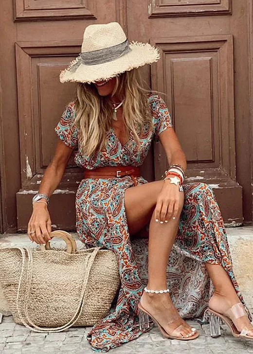 Long Dress with Paisley Print and Adjustable Belt, Side Slit