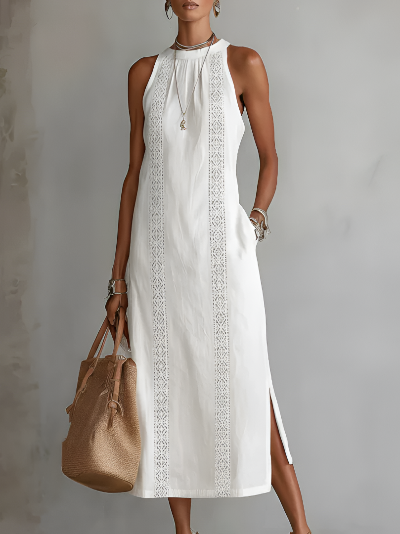 Sleeveless Midi Dress with Mao Collar and Cotton-Linen Blend, Side Pockets
