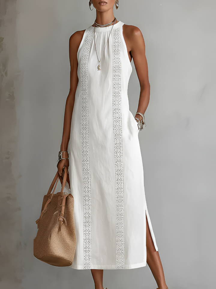 Sleeveless Midi Dress with Mao Collar and Cotton-Linen Blend, Side Pockets