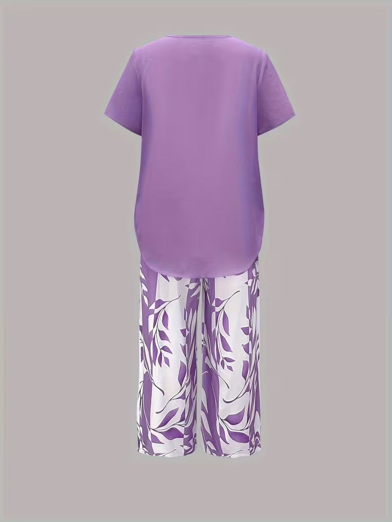 Women's Leaf Print Two Piece Set with Relaxed Fit and Layered Top
