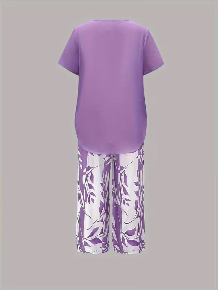 Women's Leaf Print Two Piece Set with Relaxed Fit and Layered Top