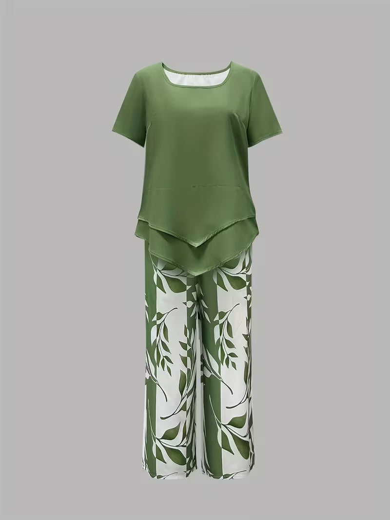 Women's Leaf Print Two Piece Set with Relaxed Fit and Layered Top