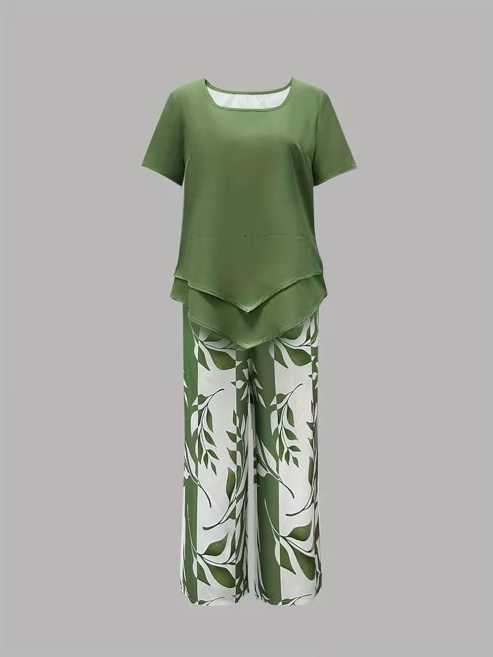 Women's Leaf Print Two Piece Set with Relaxed Fit and Layered Top