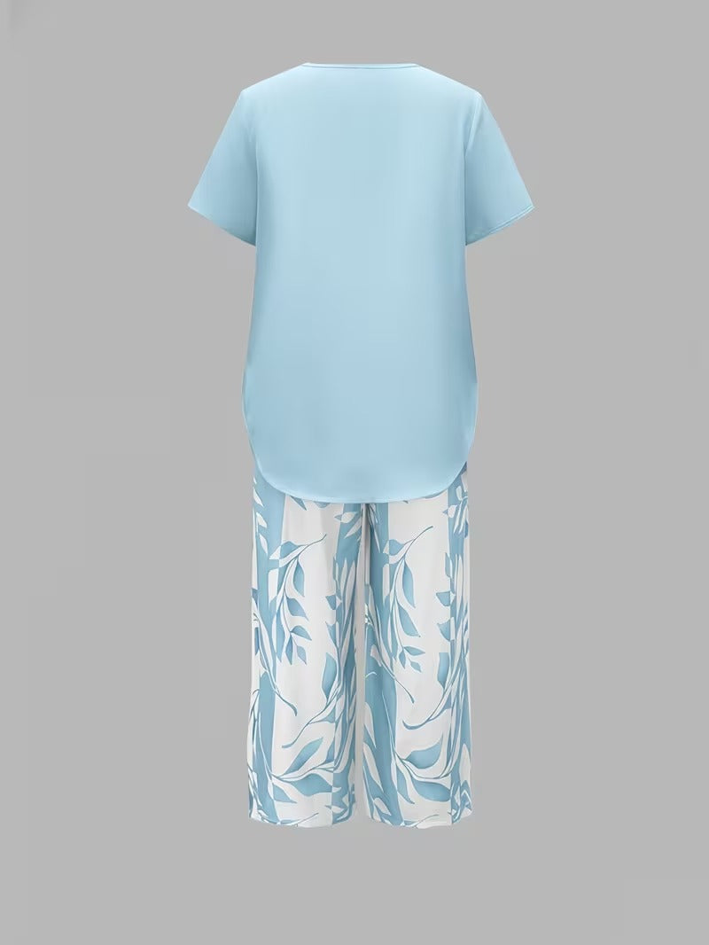 Women's Leaf Print Two Piece Set with Relaxed Fit and Layered Top