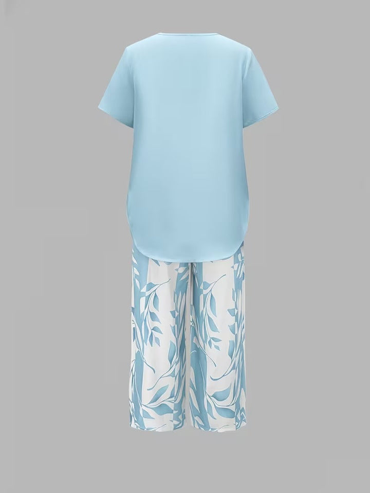 Women's Leaf Print Two Piece Set with Relaxed Fit and Layered Top