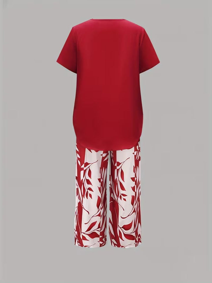 Women's Leaf Print Two Piece Set with Relaxed Fit and Layered Top