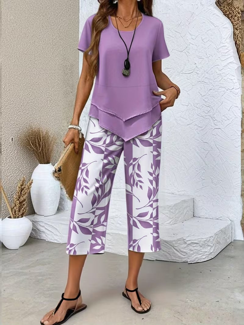 Women's Leaf Print Two Piece Set with Relaxed Fit and Layered Top