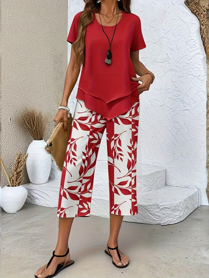 Women's Leaf Print Two Piece Set with Relaxed Fit and Layered Top