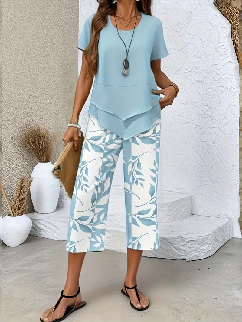 Women's Leaf Print Two Piece Set with Relaxed Fit and Layered Top