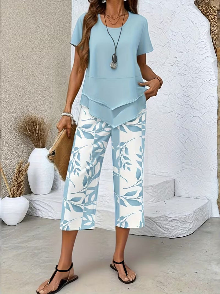 Women's Leaf Print Two Piece Set with Relaxed Fit and Layered Top