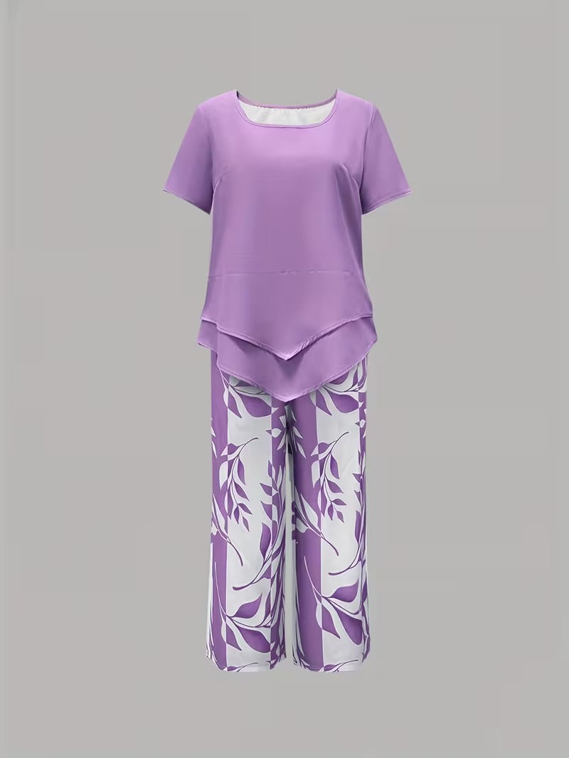 Women's Leaf Print Two Piece Set with Relaxed Fit and Layered Top