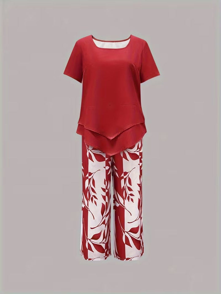 Women's Leaf Print Two Piece Set with Relaxed Fit and Layered Top
