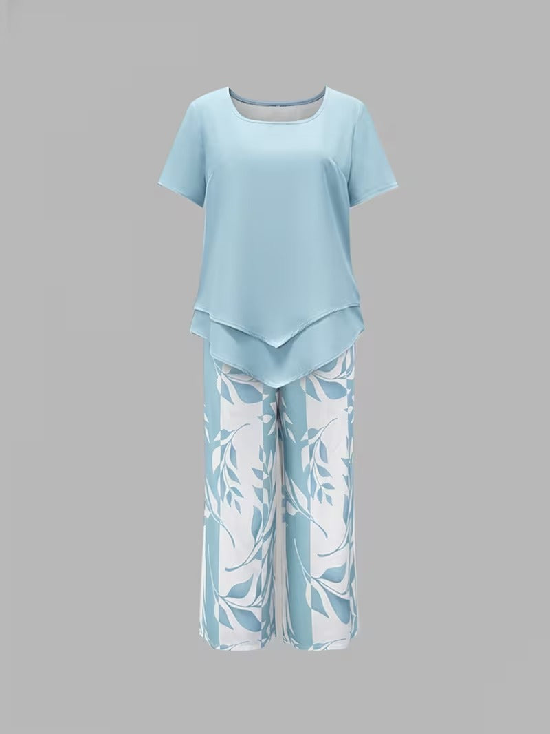 Women's Leaf Print Two Piece Set with Relaxed Fit and Layered Top