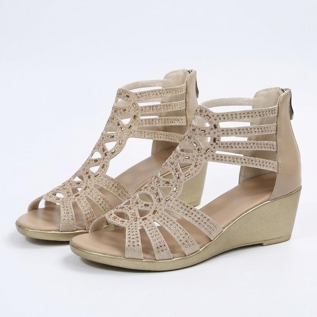 Wedge Sandals with Side Zipper and Open-Toe Design, Perforated Details