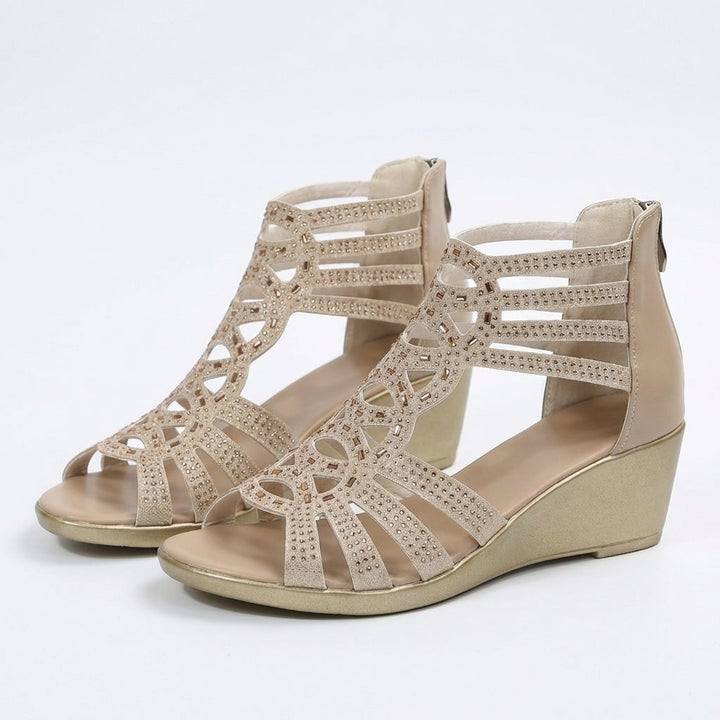 Wedge Sandals with Side Zipper and Open-Toe Design, Perforated Details