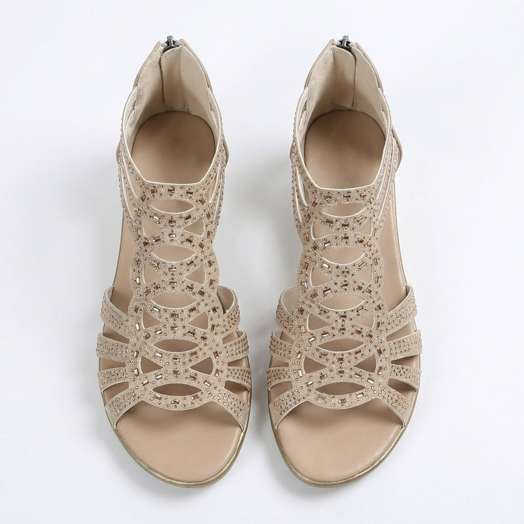 Wedge Sandals with Side Zipper and Open-Toe Design, Perforated Details