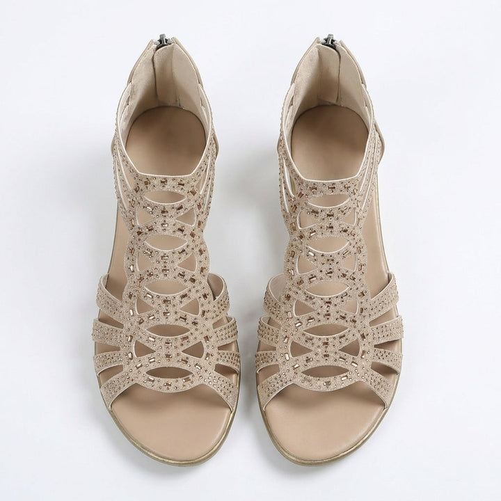 Wedge Sandals with Side Zipper and Open-Toe Design, Perforated Details