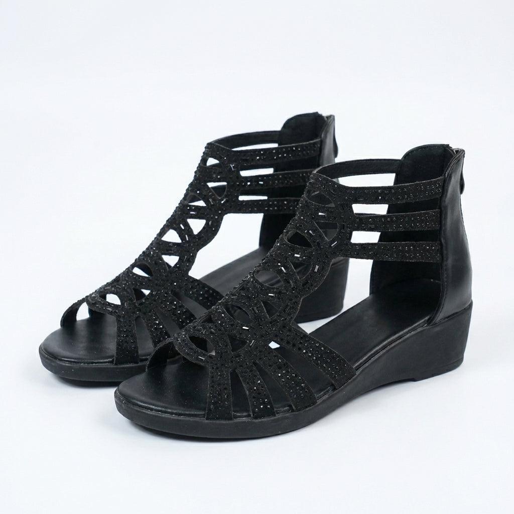 Wedge Sandals with Side Zipper and Open-Toe Design, Perforated Details