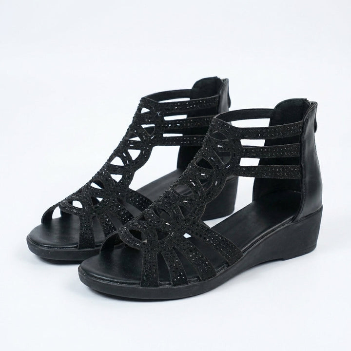 Wedge Sandals with Side Zipper and Open-Toe Design, Perforated Details