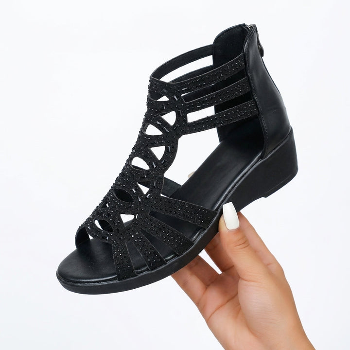 Wedge Sandals with Side Zipper and Open-Toe Design, Perforated Details