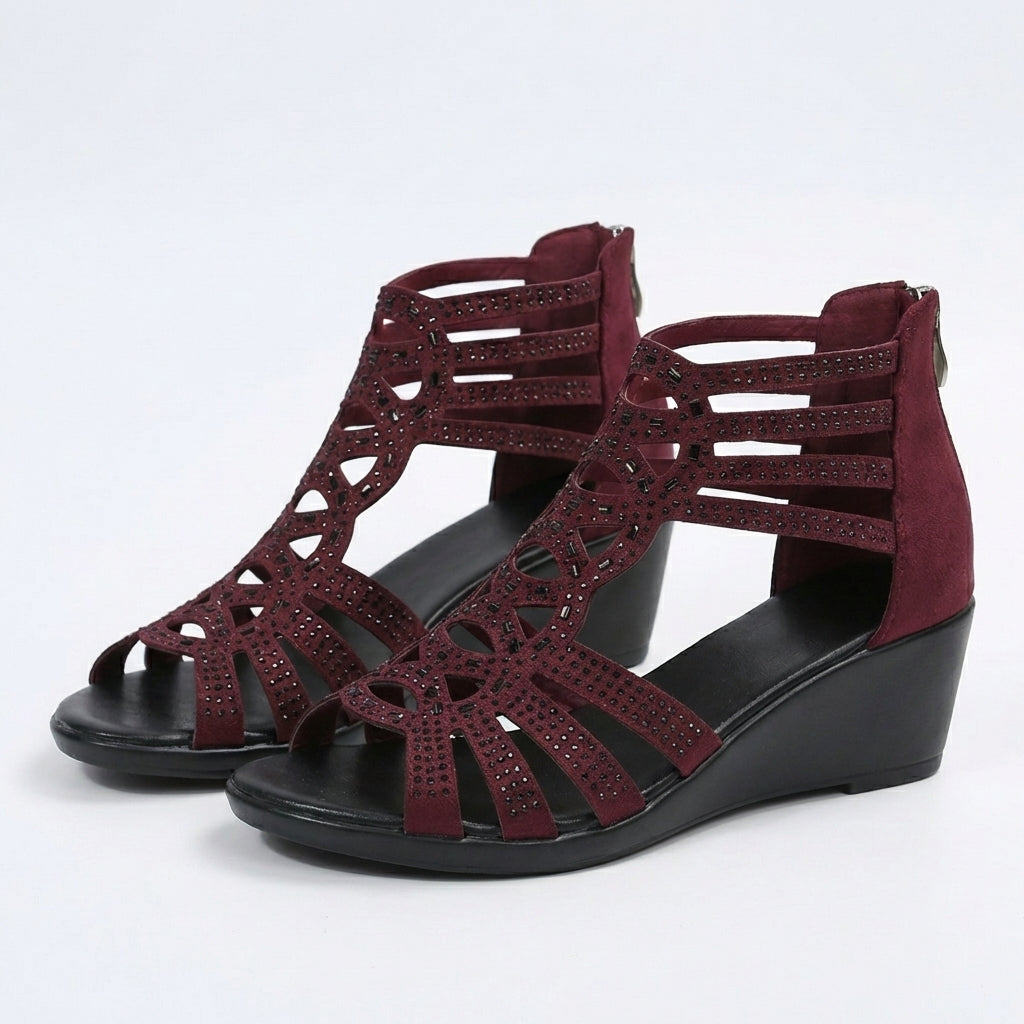 Wedge Sandals with Side Zipper and Open-Toe Design, Perforated Details
