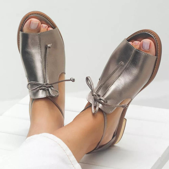 Women's Open-Toe Sandals with Adjustable Bow-Tie Strap and Metallic Finish, Soft Lining