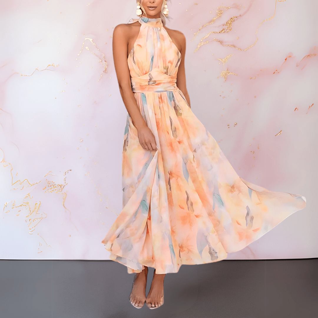Halterneck Maxi Dress with Watercolour Print and Tied Neckline