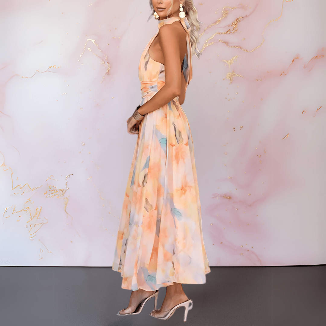 Halterneck Maxi Dress with Watercolour Print and Tied Neckline