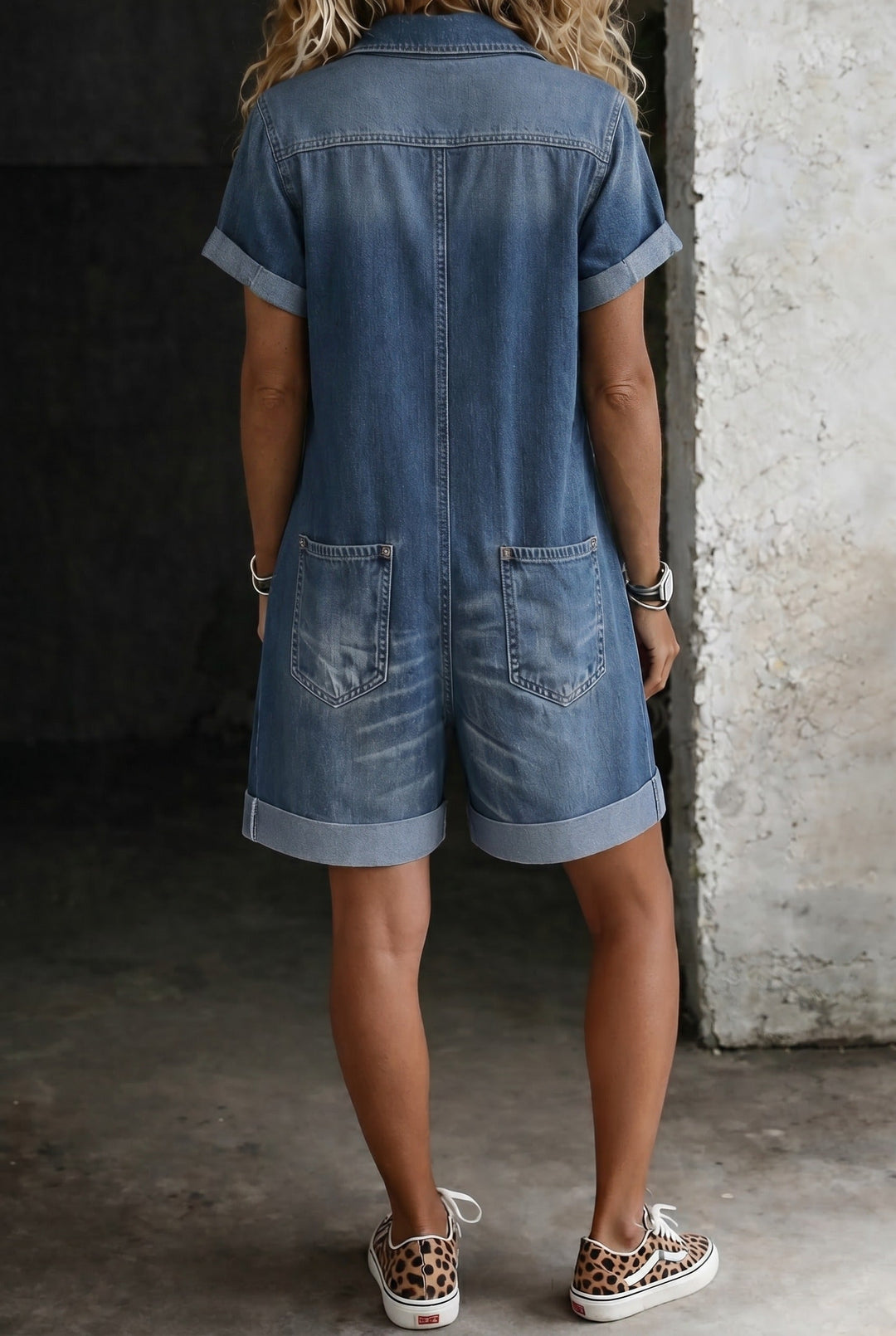 Cropped Denim Jumpsuit with Relaxed Fit and Patch Pockets