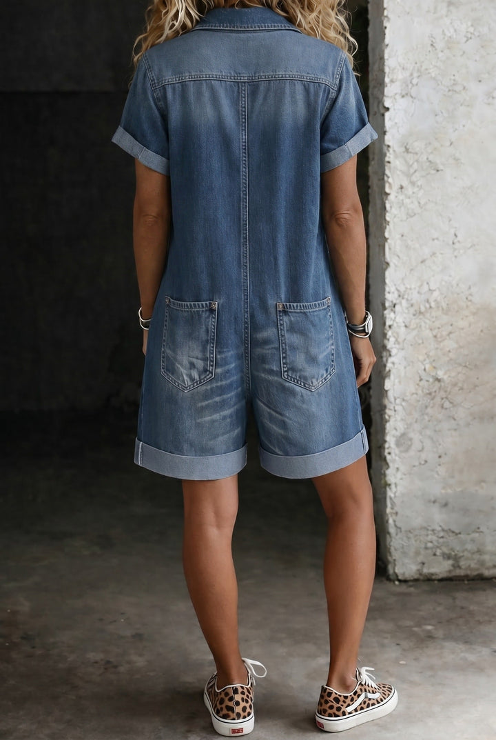 Cropped Denim Jumpsuit with Relaxed Fit and Patch Pockets